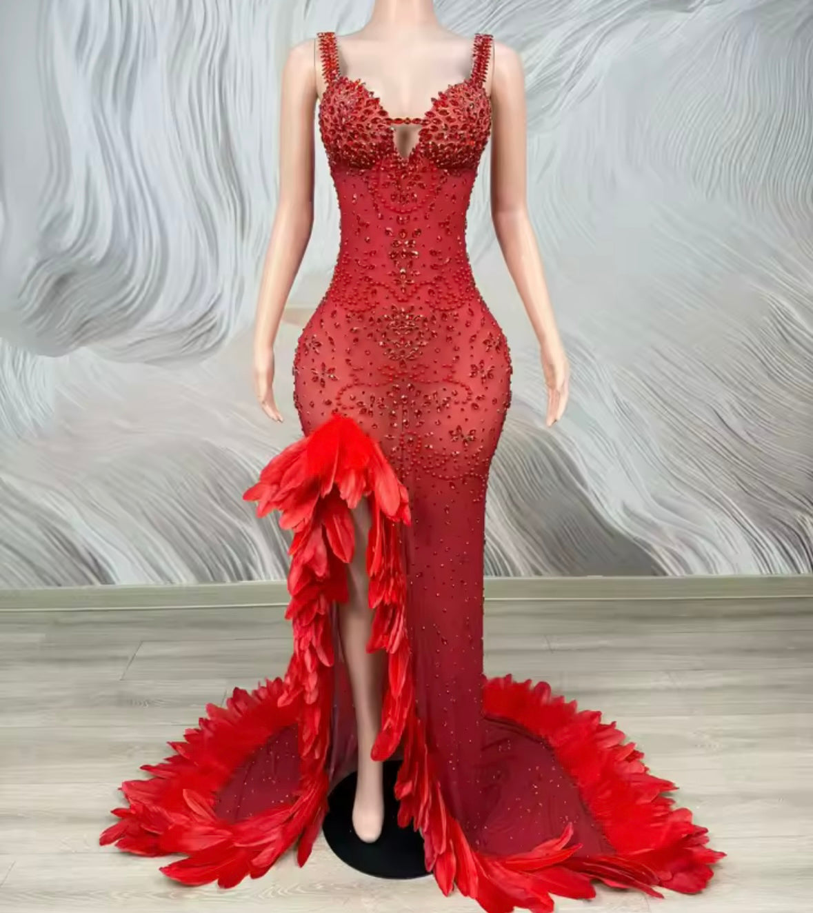 Red Sexy Sleeveless Rhinestone Feather Front Split Maxi Dress