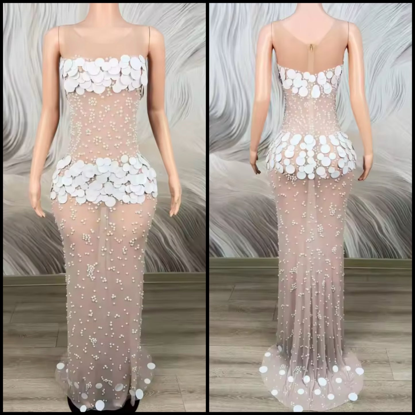Sexy Sleeveless Sequins Pearl See Through Floor-Length Dress