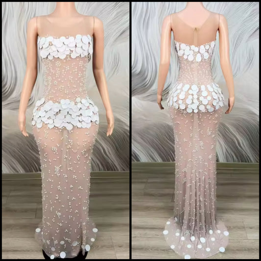 Sexy Sleeveless Sequins Pearl See Through Floor-Length Dress