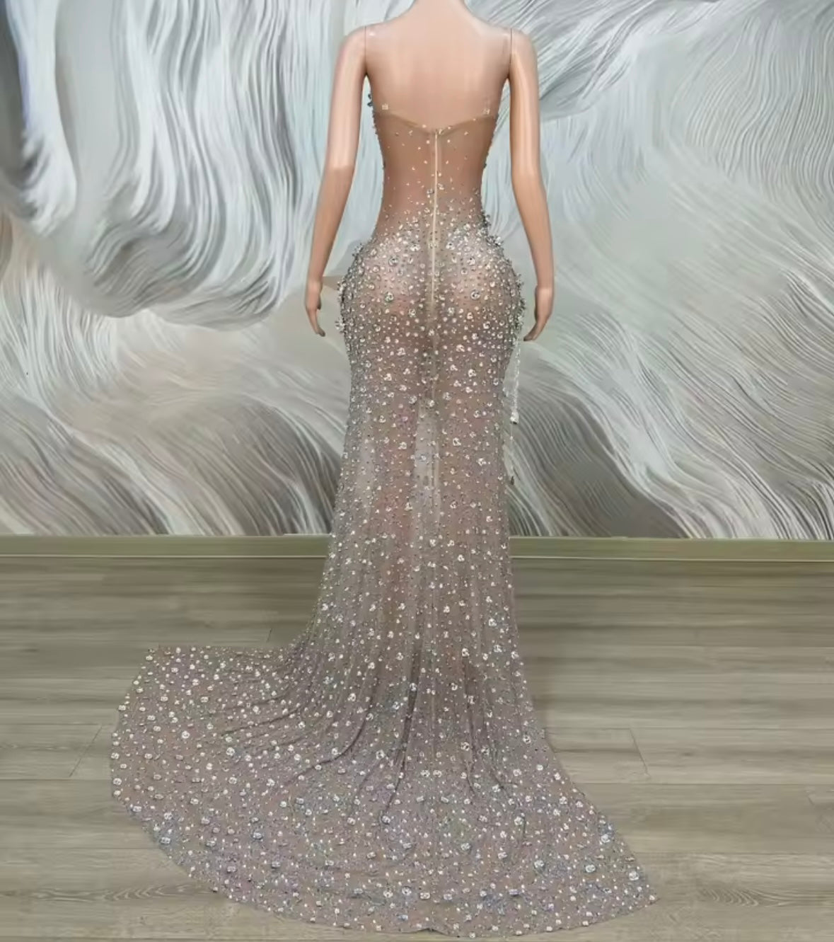 Sleeveless Crystal Rhinestone Tassel Side Split Maxi Dress