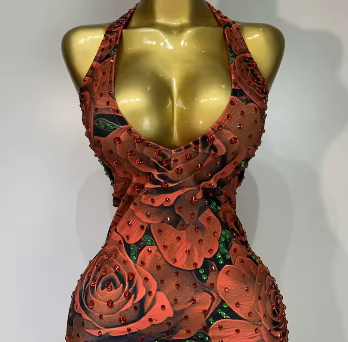 Sexy Halter Sleeveless Floral Rhinestone Maxi Dress