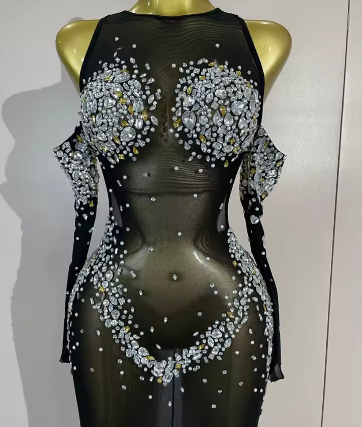 Sexy See Through Rhinestone Embellishment Floor-Length Dress