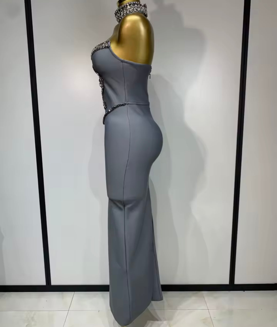 Rhinestone Choker Strapless Elegant Dress
