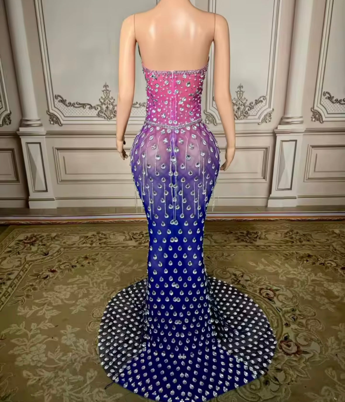 Sexy Strapless Gradient Rhinestone Tassel Maxi Dress
