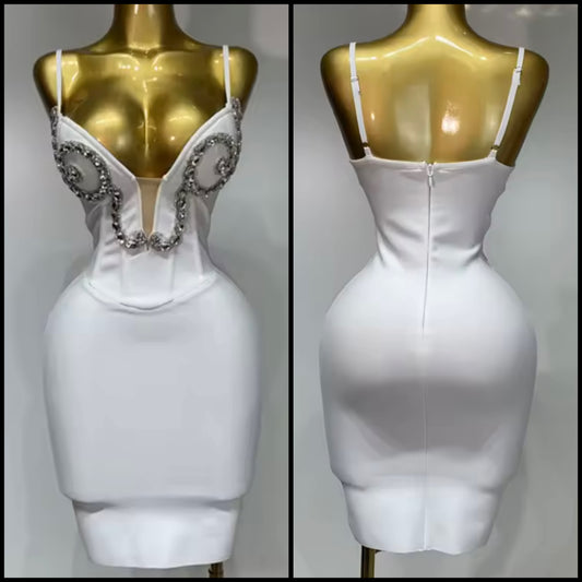 White Sleeveless Rhinestone Embellishment Bandage Dress