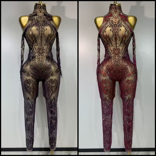 Sexy See Through Rhinestone Gradient Jumpsuit
