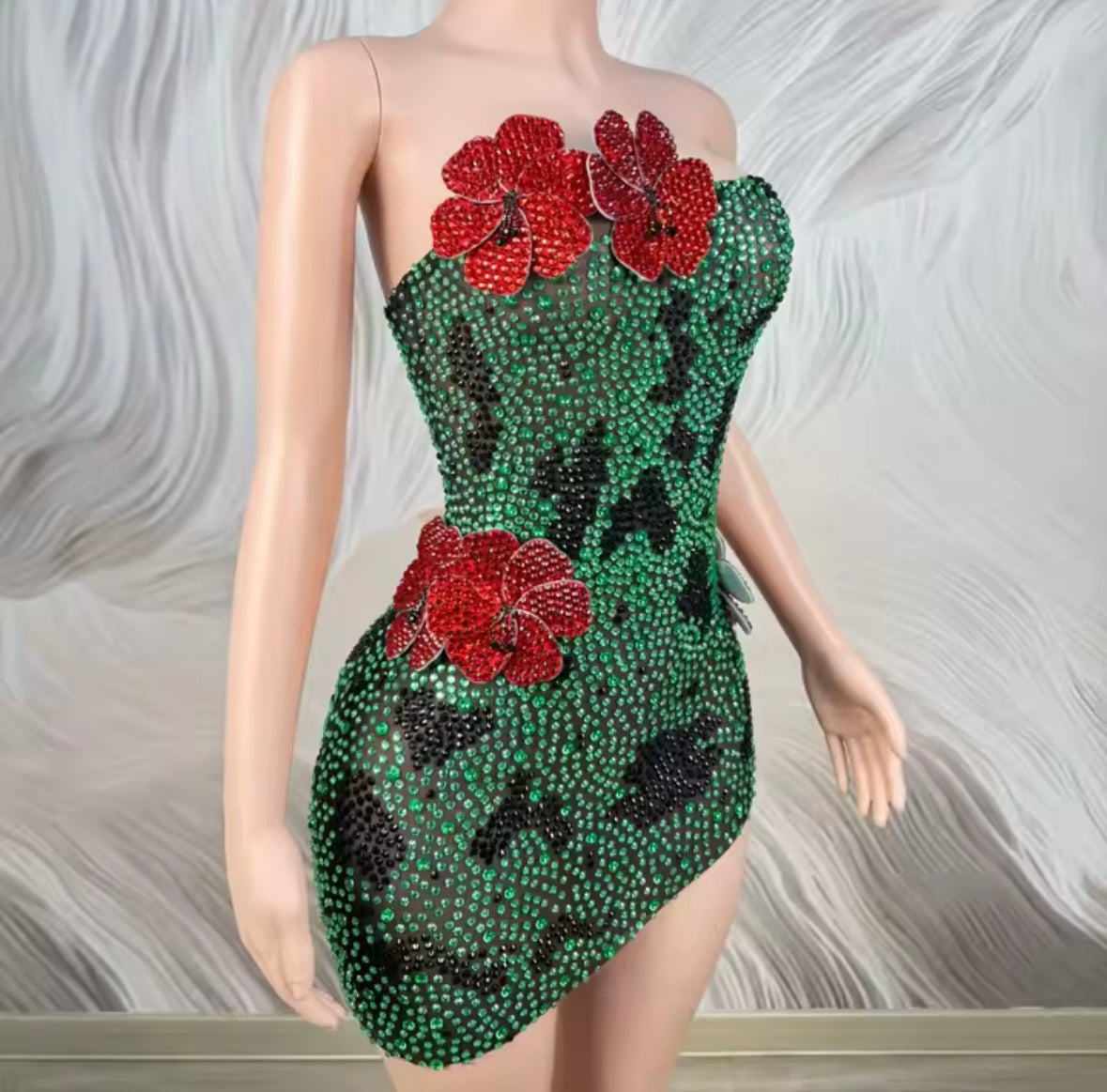 Sexy Strapless Floral Rhinestone Dress