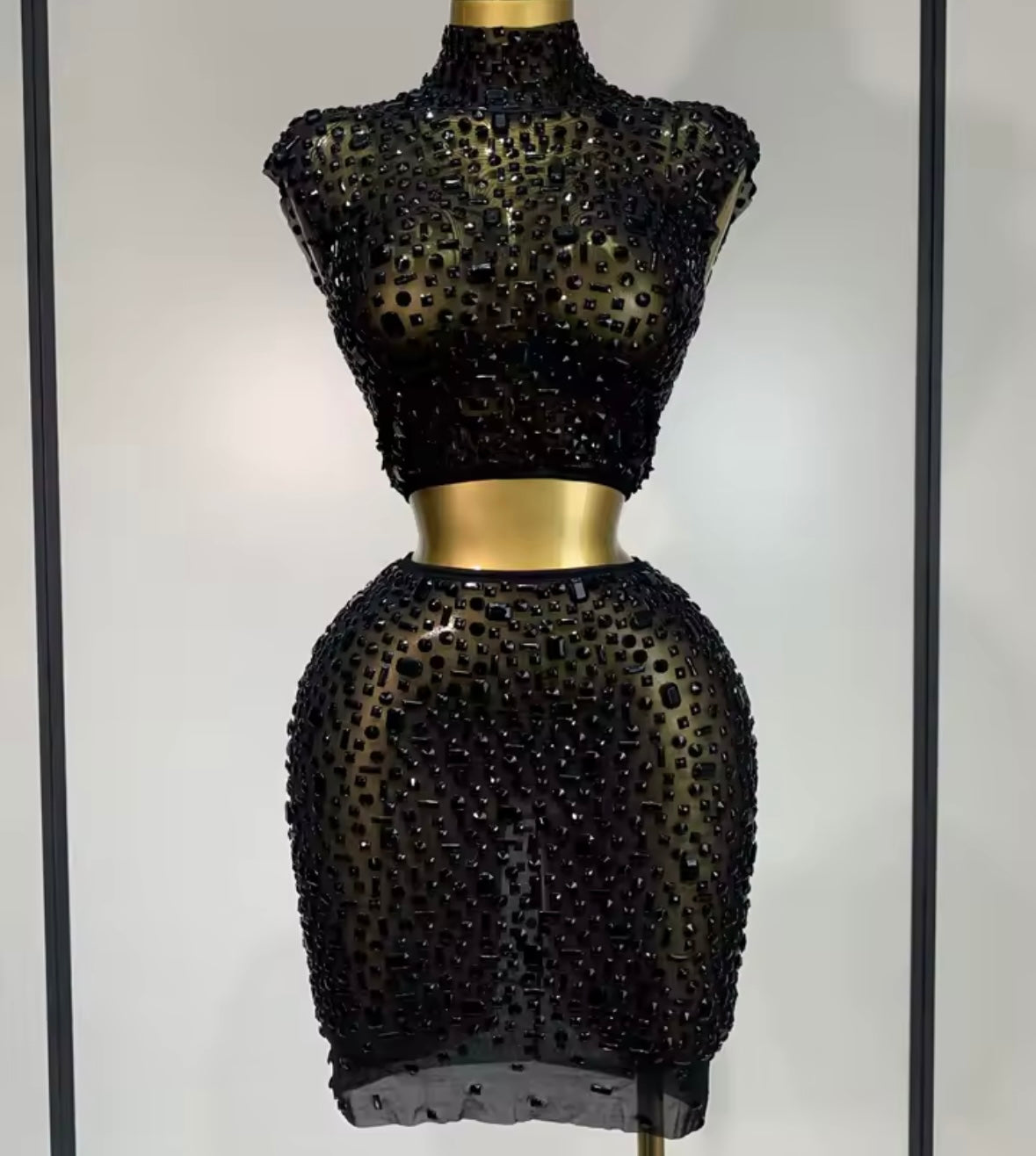 Sexy Sleeveless Crystal Crop Skirt Set