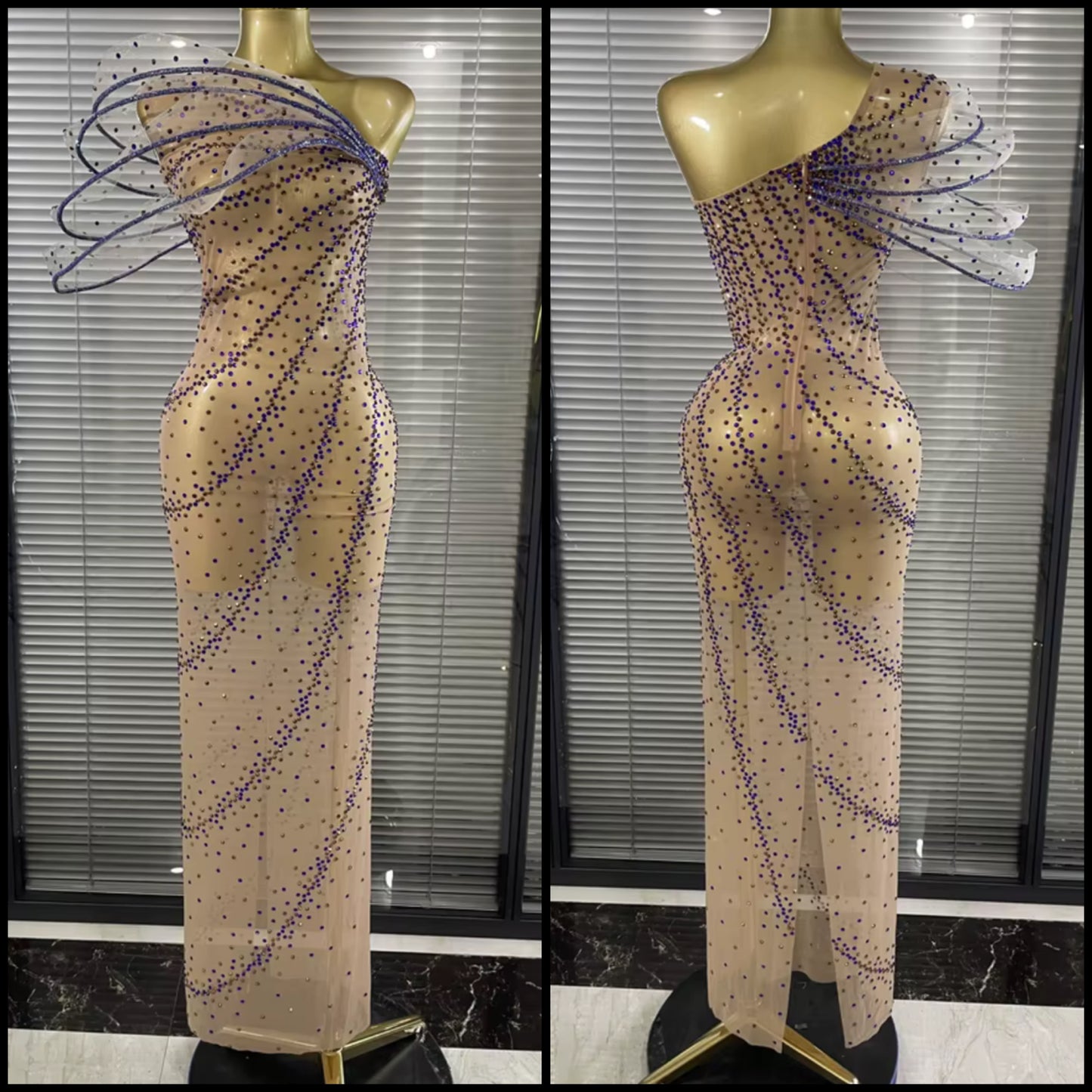 Elegant One Shoulder Sleeveless See Through Rhinestone Maxi Dress
