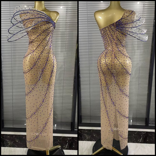Elegant One Shoulder Sleeveless See Through Rhinestone Maxi Dress