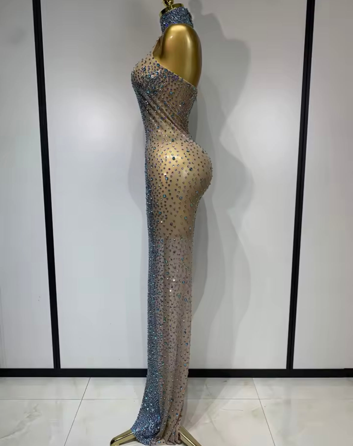 Sexy Sparkly Rhinestone Halter Sleeveless Maxi Dress