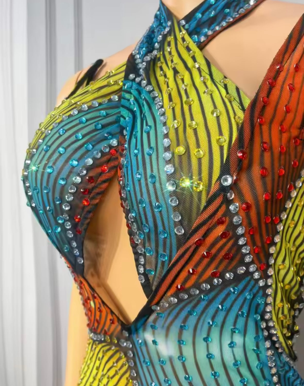 Sexy Multicolored Halter Sleeveless Rhinestone Maxi Dress