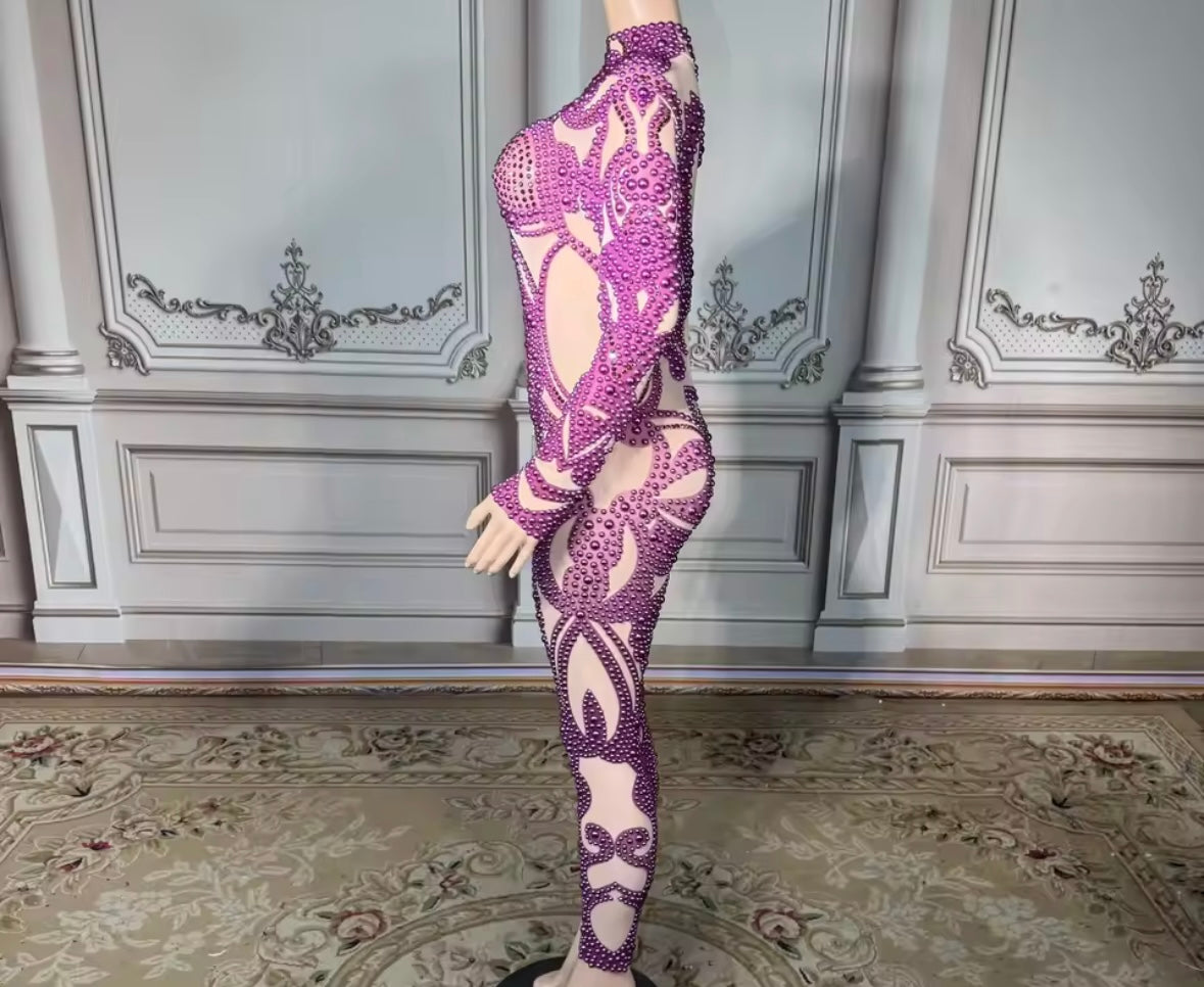Sexy Beaded Rhinestone Full Sleeve Jumpsuit