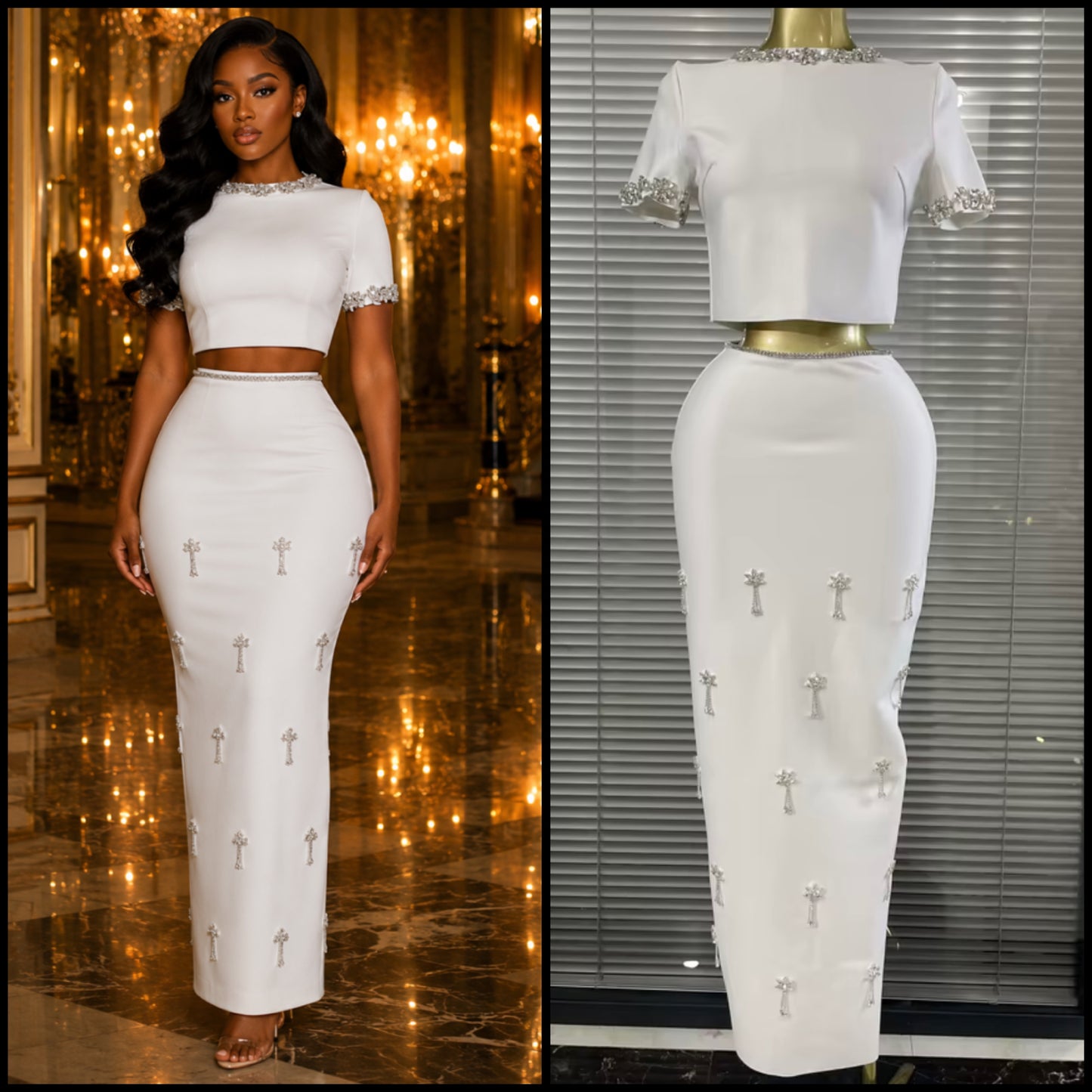 Elegant Rhinestone Embellishment Short Sleeve Maxi Skirt Set