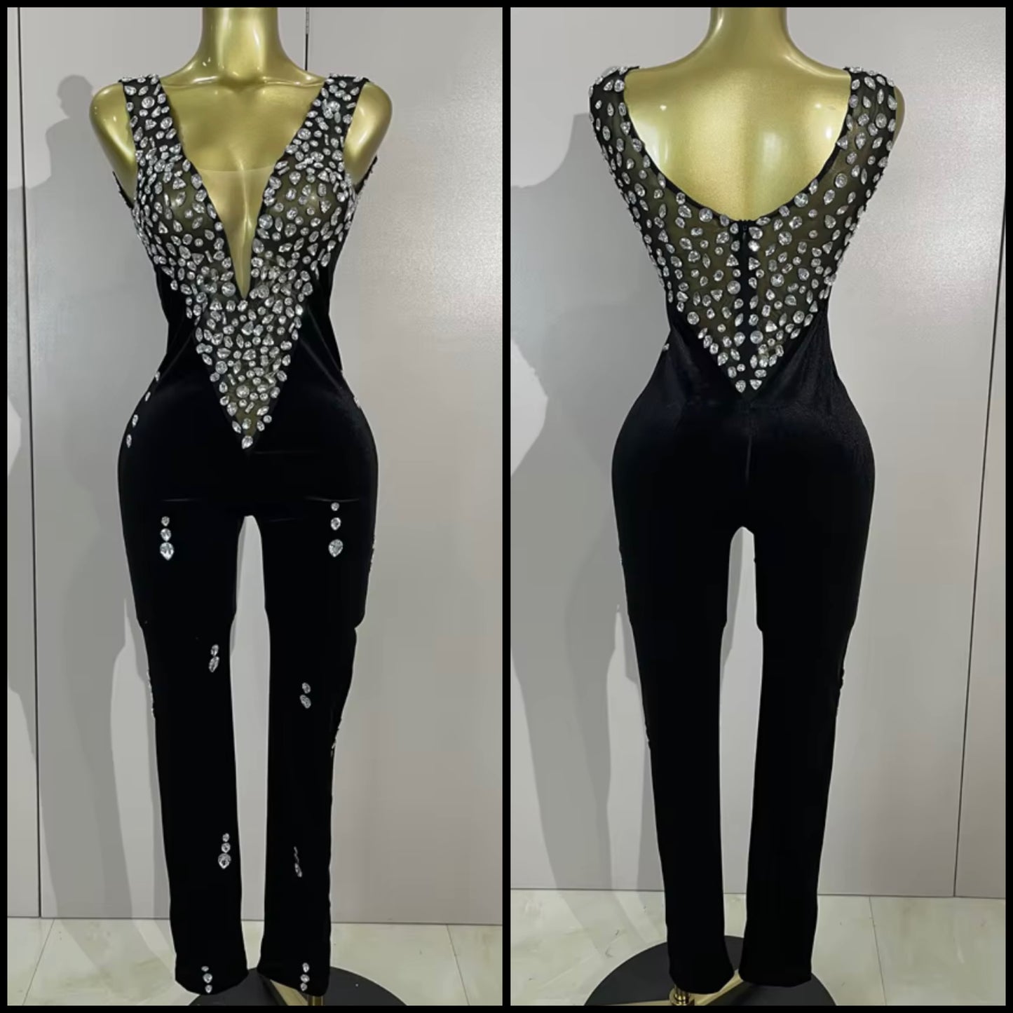Elegant Black Sleeveless Rhinestone Embellishment Jumpsuit