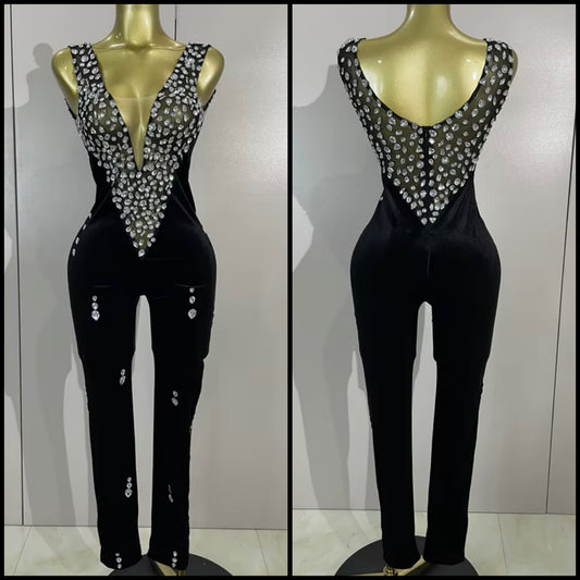 Elegant Black Sleeveless Rhinestone Embellishment Jumpsuit