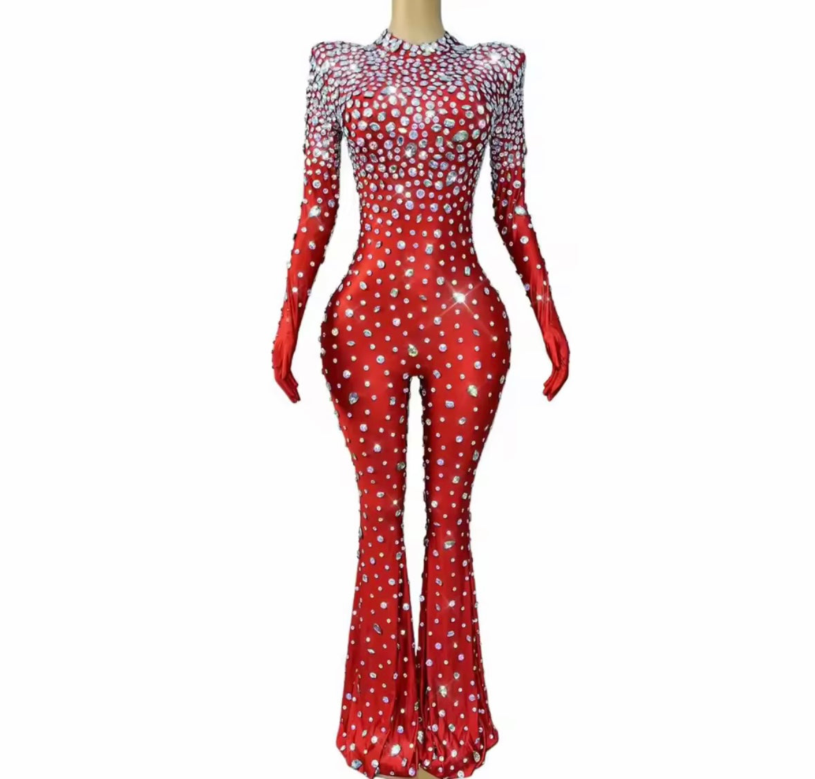 Elegant Rhinestone Glove Full Sleeve Jumpsuit