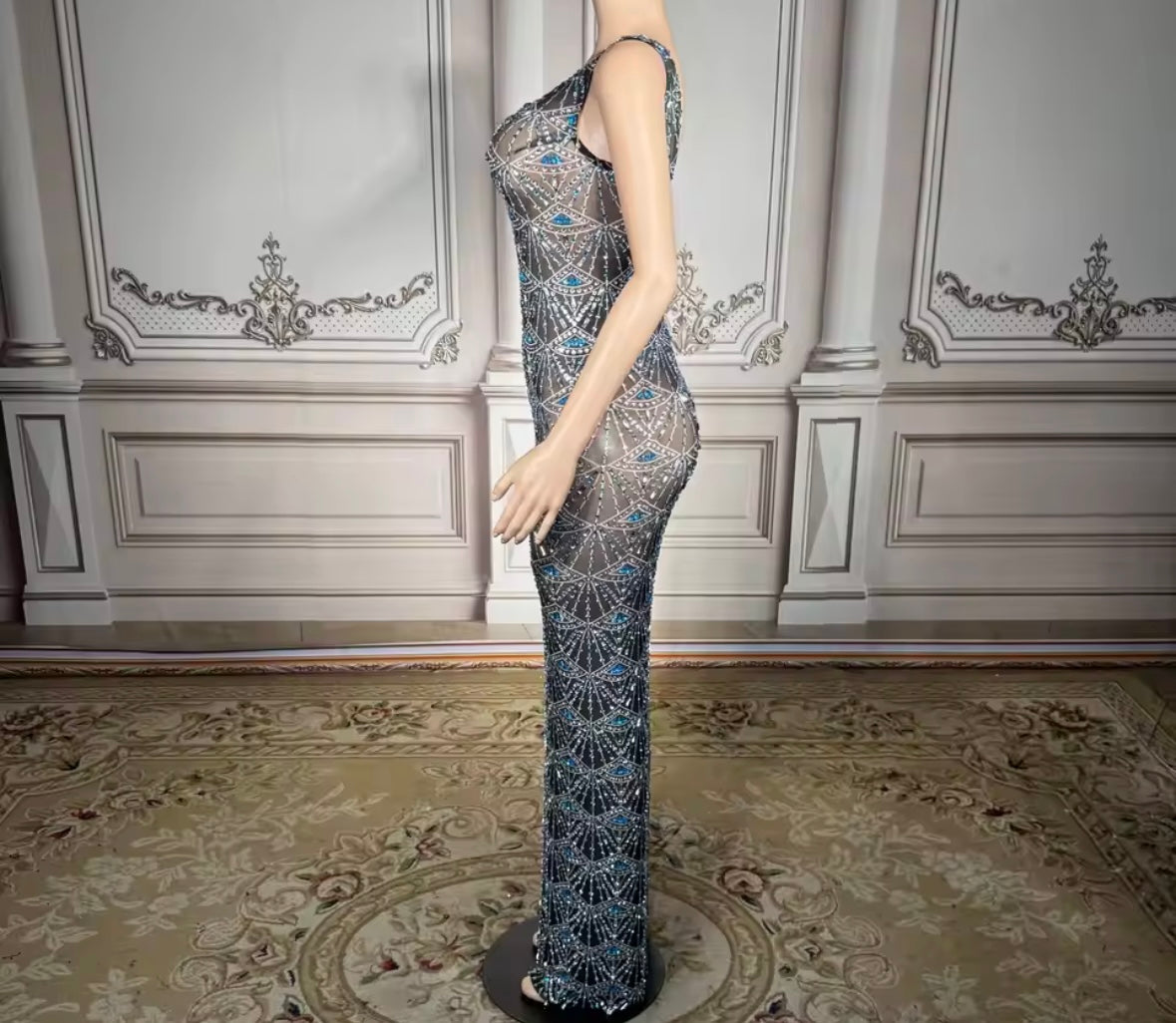 Sexy Rhinestone See Through Sleeveless Maxi Dress