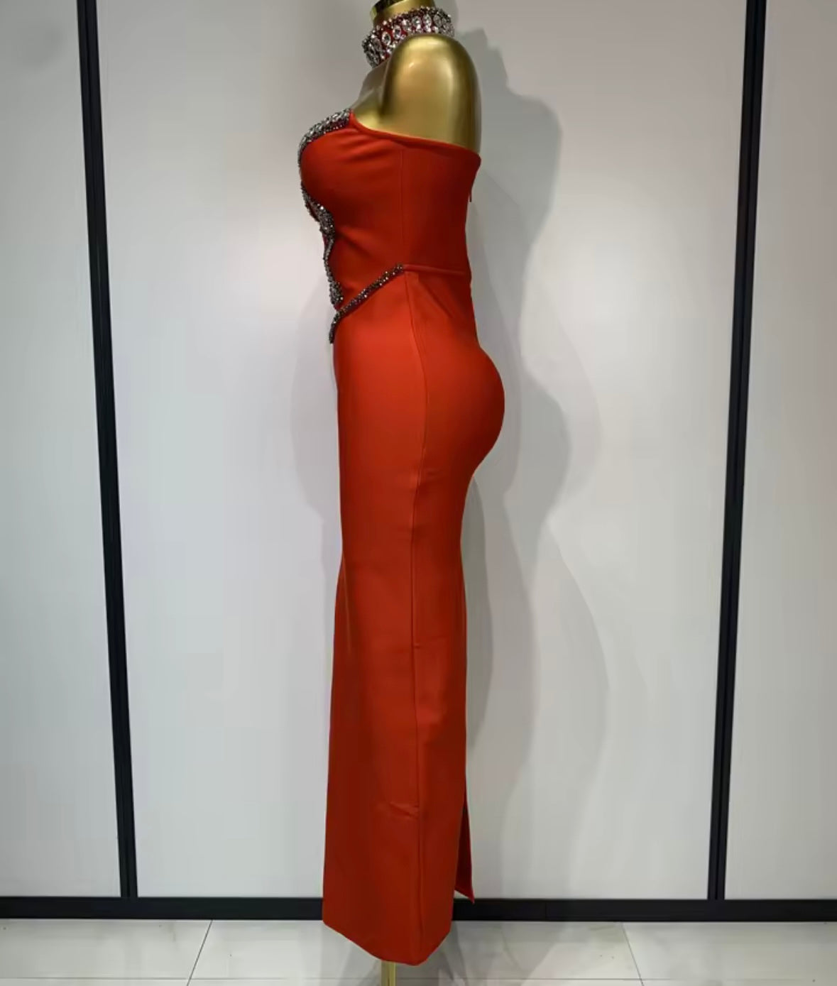 Beaded Rhinestone Choker Strapless Elegant Maxi Dress