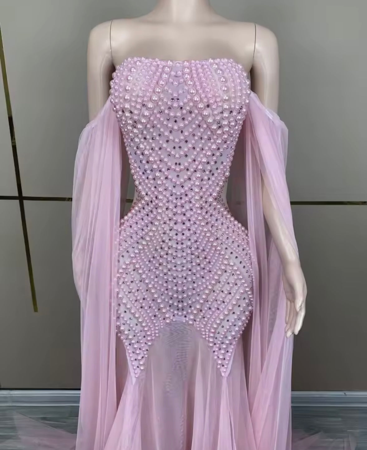 Sexy Strapless Beaded See Through Floor-Length Dress