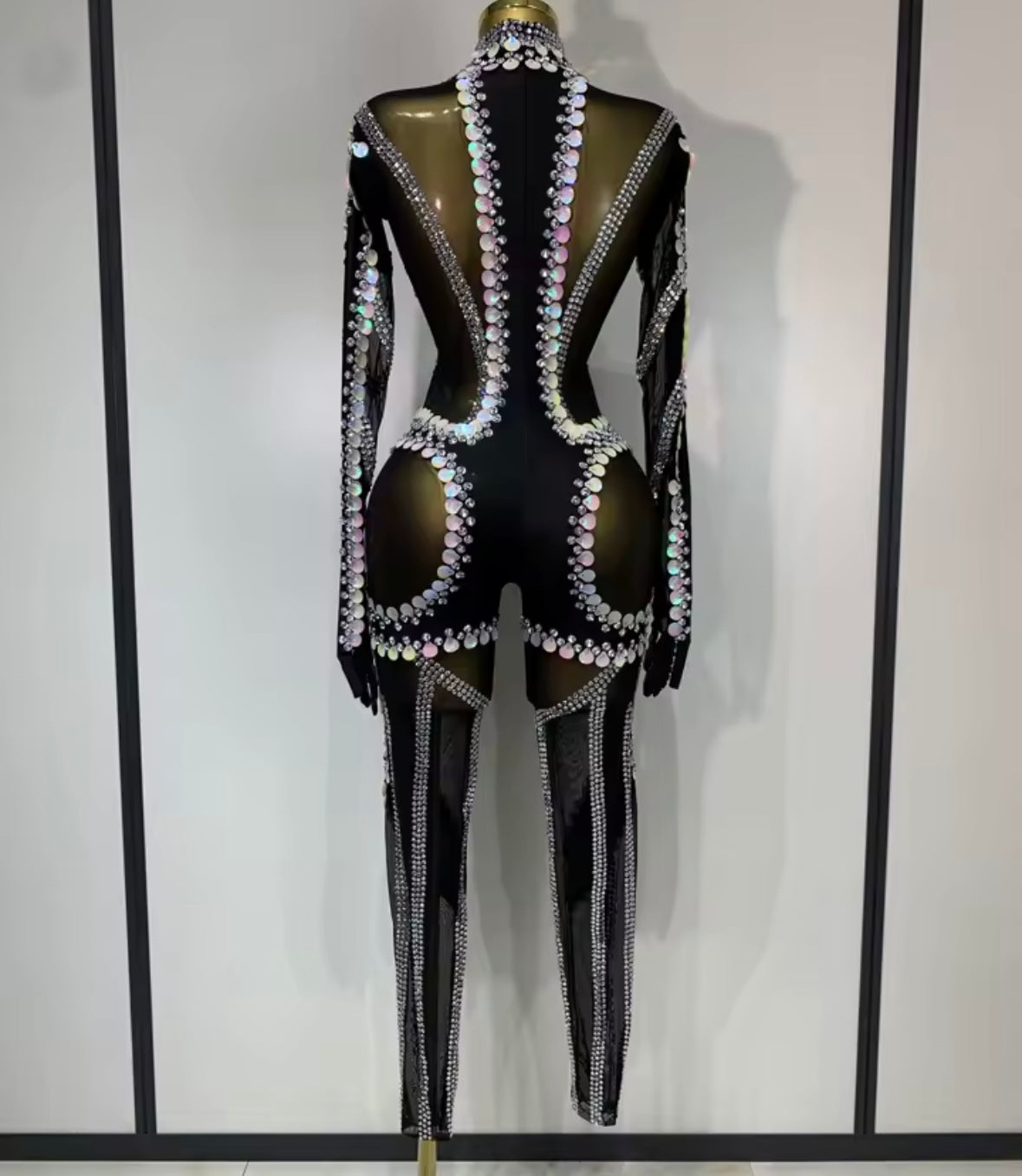 Sexy Black Sequins Crystal Choker Full Sleeve Jumpsuit