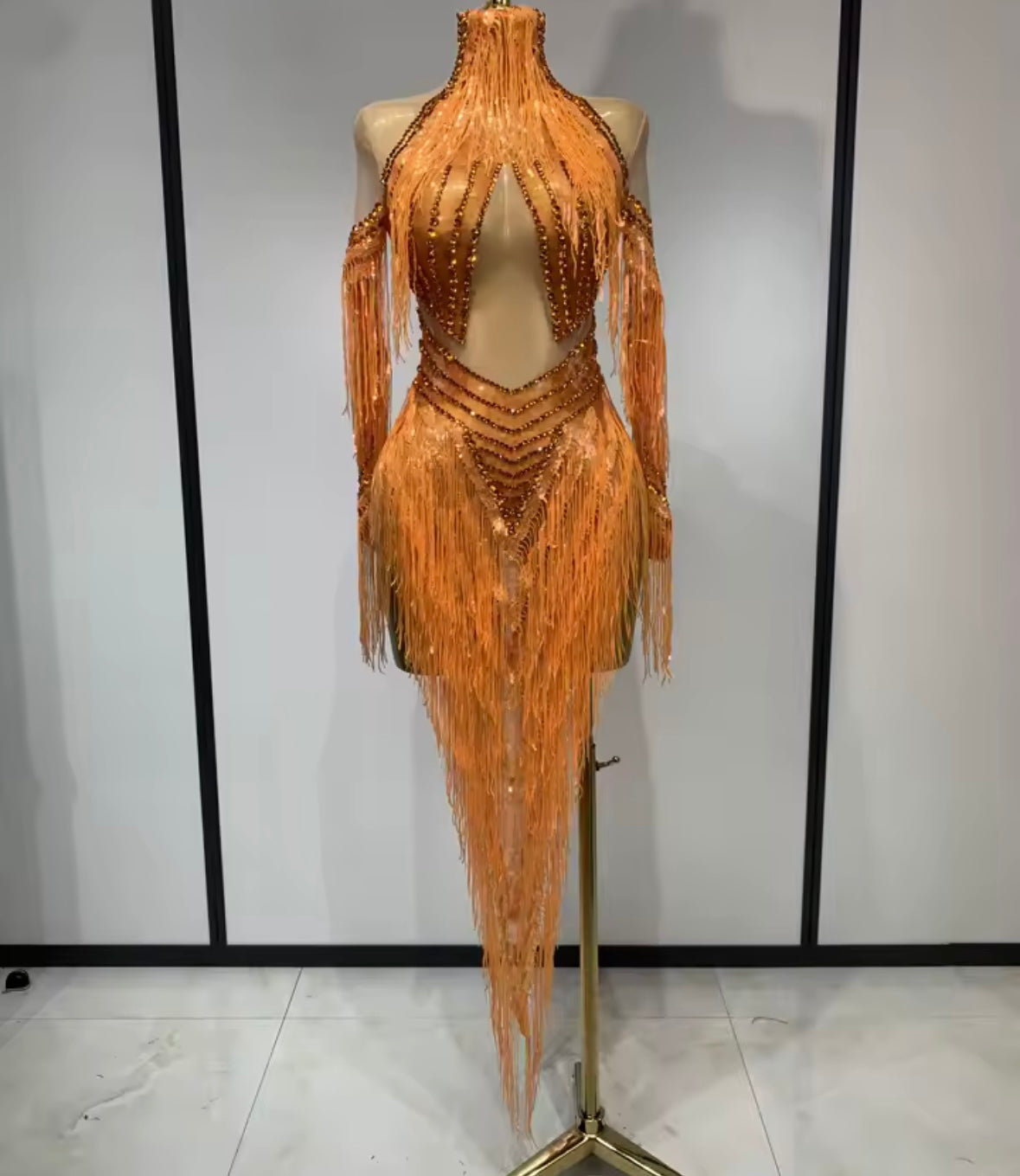 Sexy Orange Rhinestone Fringe Tassel Asymmetrical Dress