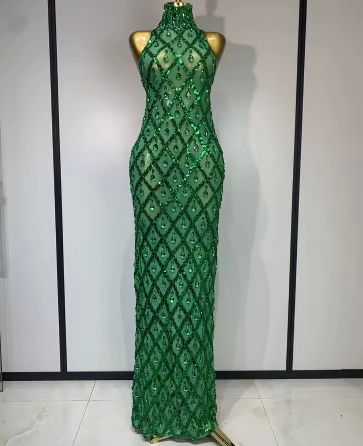 Green Halter Sleeveless Sequins Crystal Floor-Length Dress