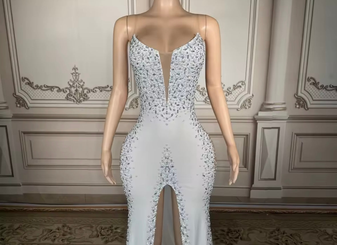 Elegant Sleeveless White Rhinestone Floor-Length Dress