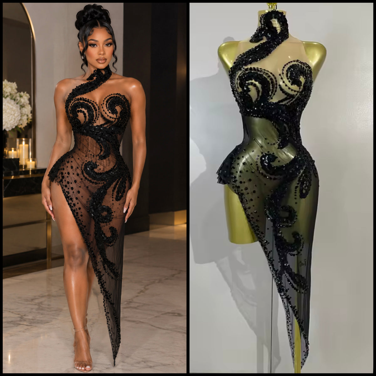 Black Sexy Sleeveless Sequins Rhinestone Asymmetrical Dress