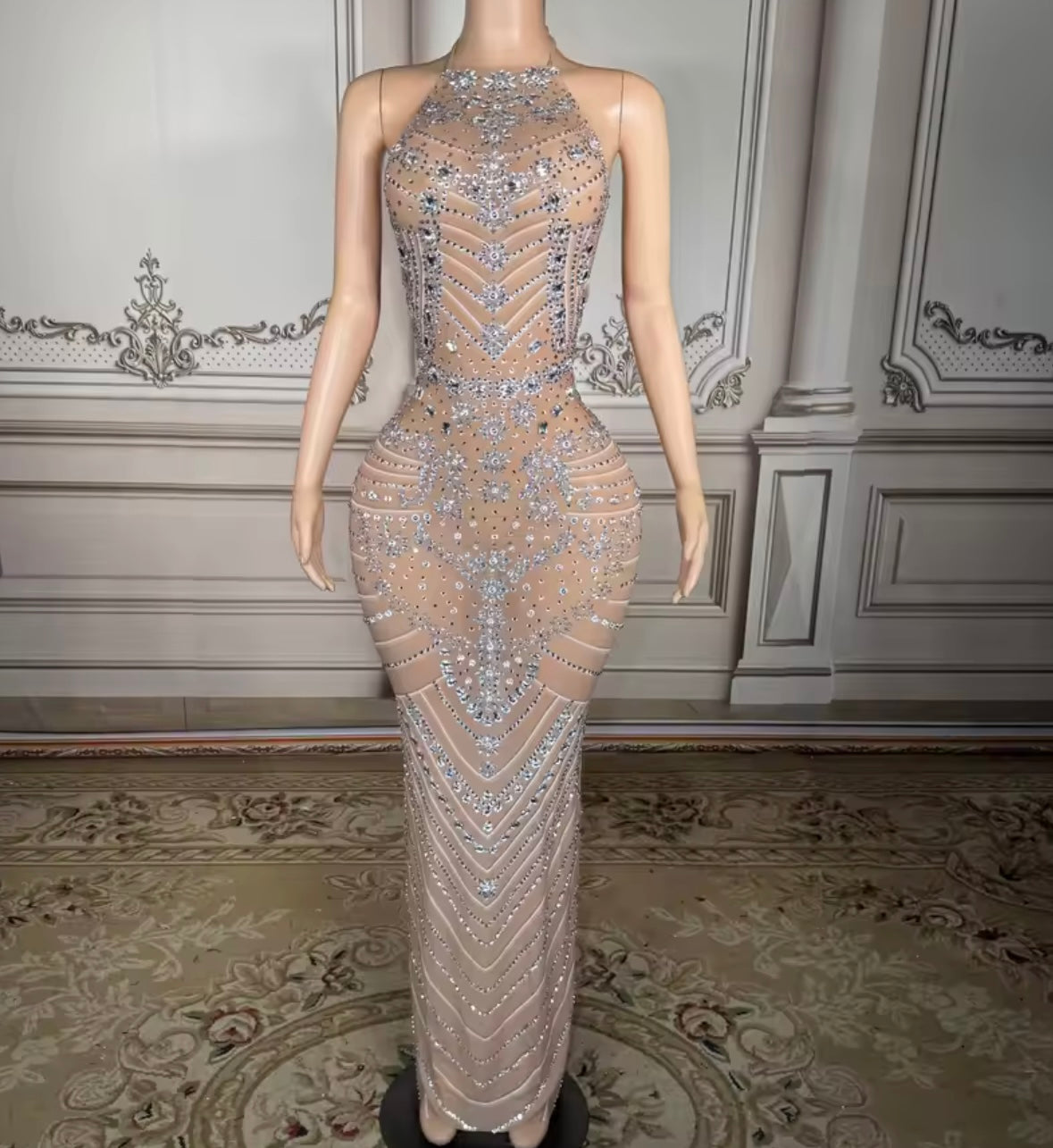 Sexy Halter Sleeveless Rhinestone Embellishment Maxi Dress