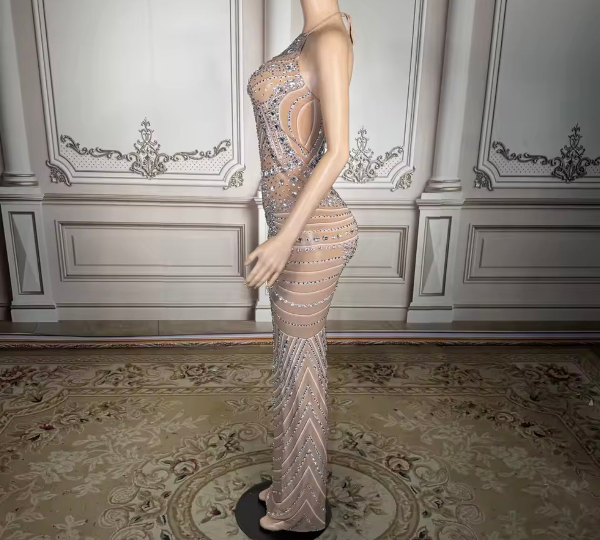 Sexy Halter Sleeveless Rhinestone Embellishment Maxi Dress