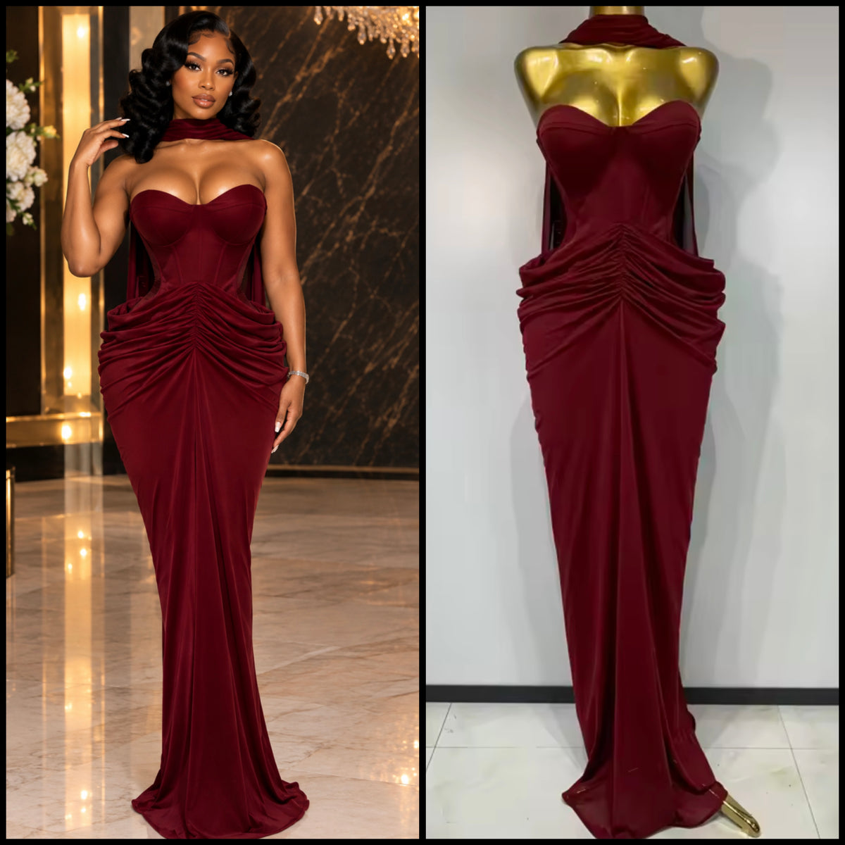 Sexy Scarf Strapless Ruched Maxi Dress