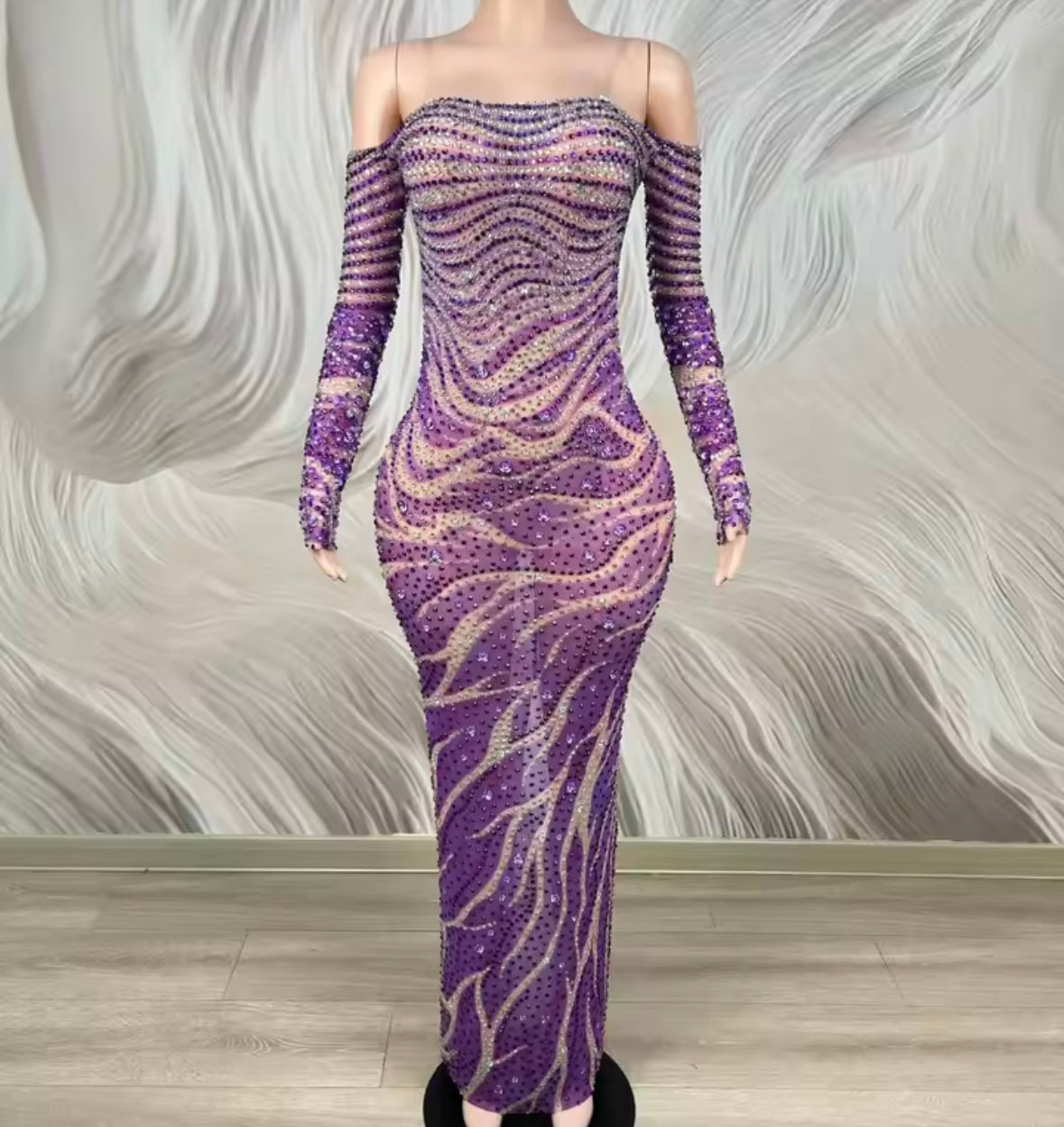 Purple Sexy Off The Shoulder See Through Rhinestone Maxi Dress