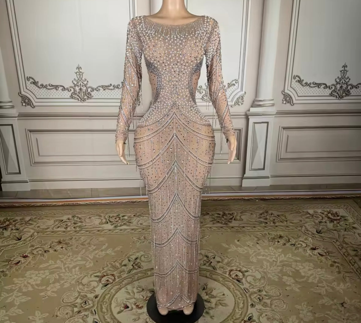 Sexy Pearl Rhinestone Full Sleeve See Through Maxi Dress