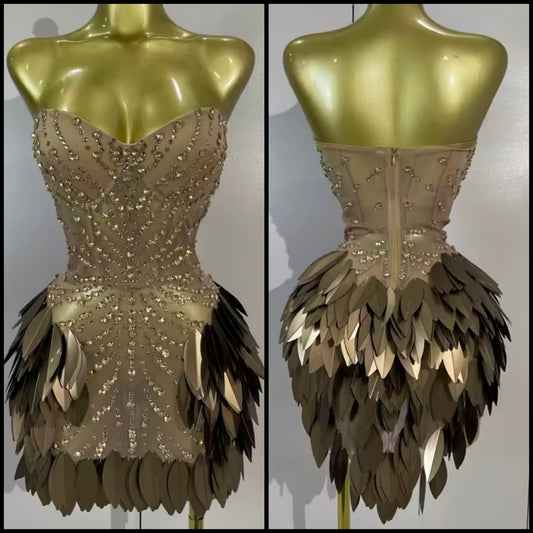 Brown Rhinestone Sequins Strapless Sexy Dress