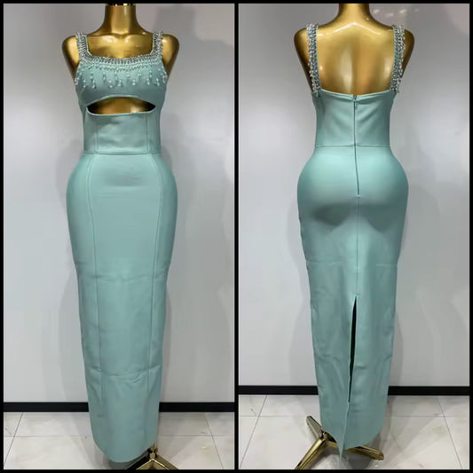 Elegant Sleeveless Beaded Rhinestone Maxi Dress