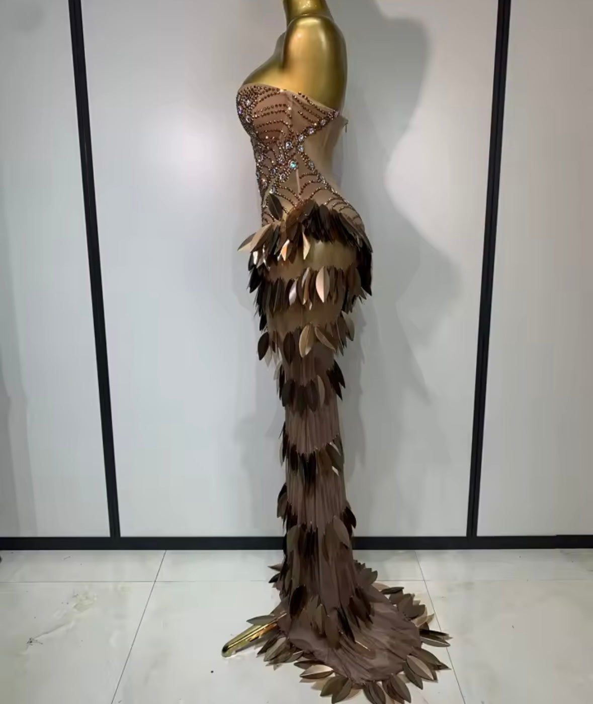Elegant Brown Rhinestone Strapless Floor-Length Dress
