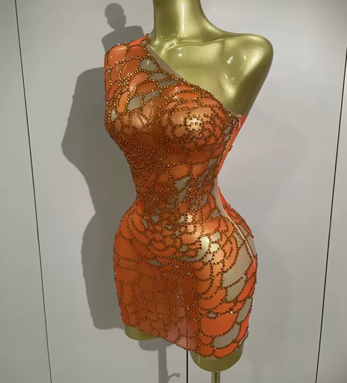Sexy Orange One Shoulder Rhinestone Short Sleeve Dress