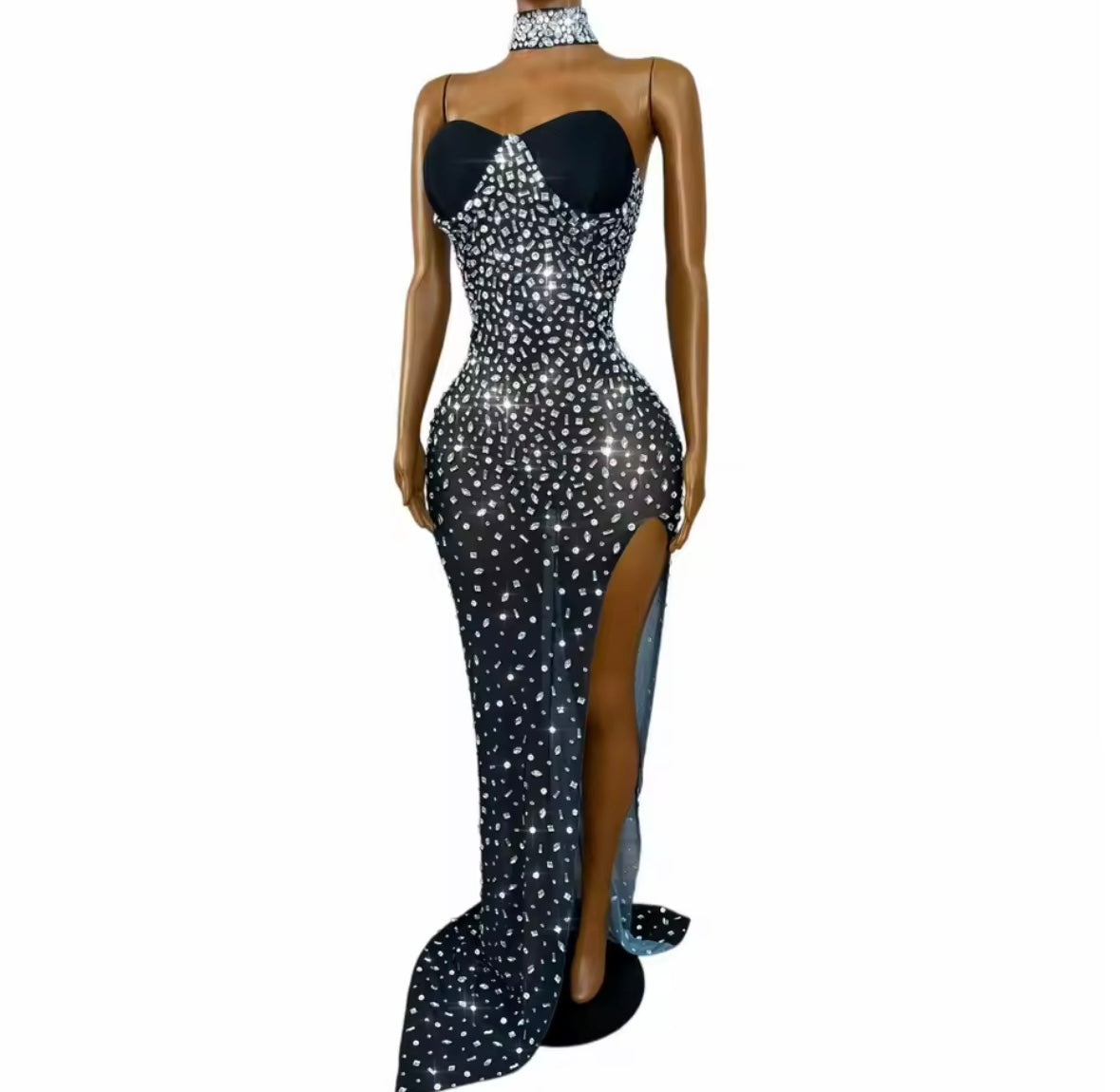 Sexy Choker Strapless Black Rhinestone Side Split Maxi Dress