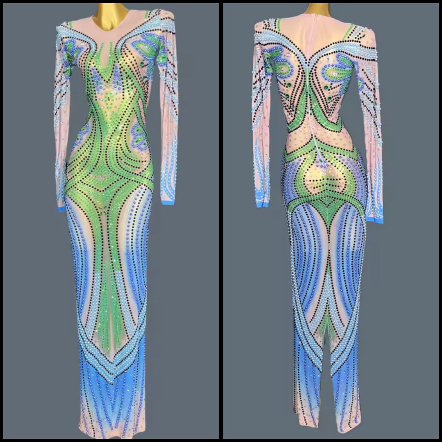 Sexy Colorful Rhinestone Full Sleeve Maxi Dress