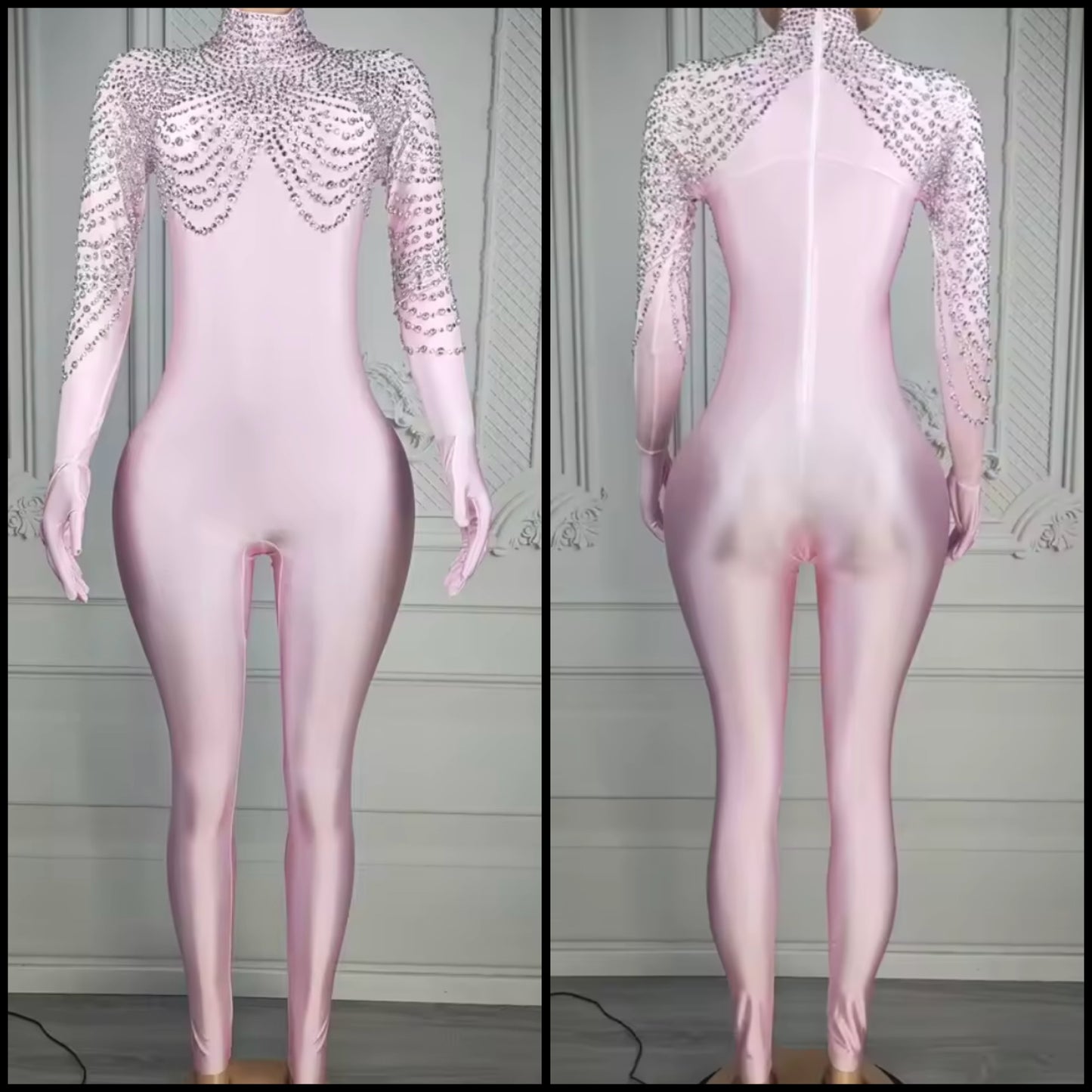 Elegant Pink Rhinestone Glove Jumpsuit