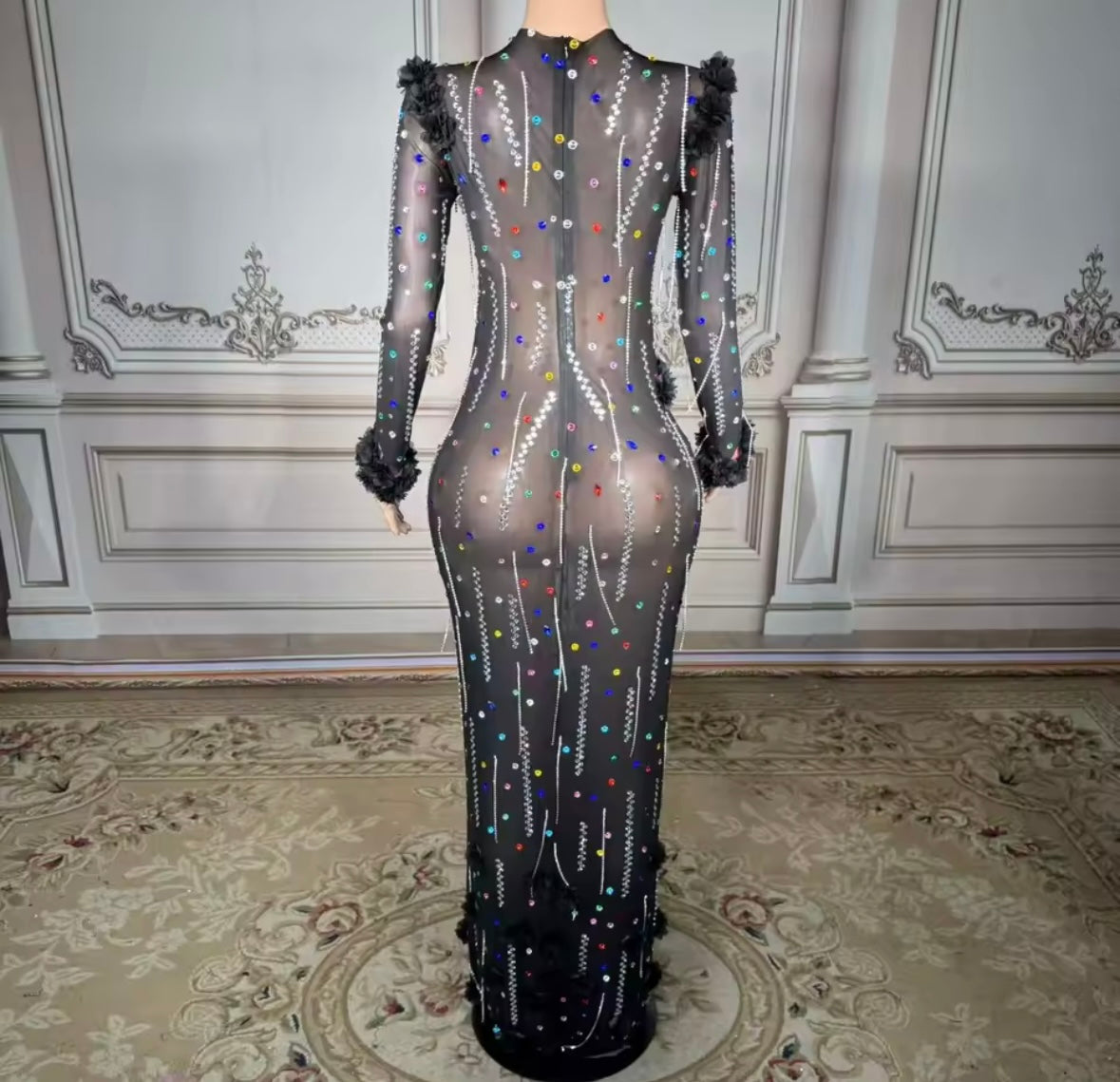 Sexy Black Colorful Rhinestone Full Sleeve Maxi Dress