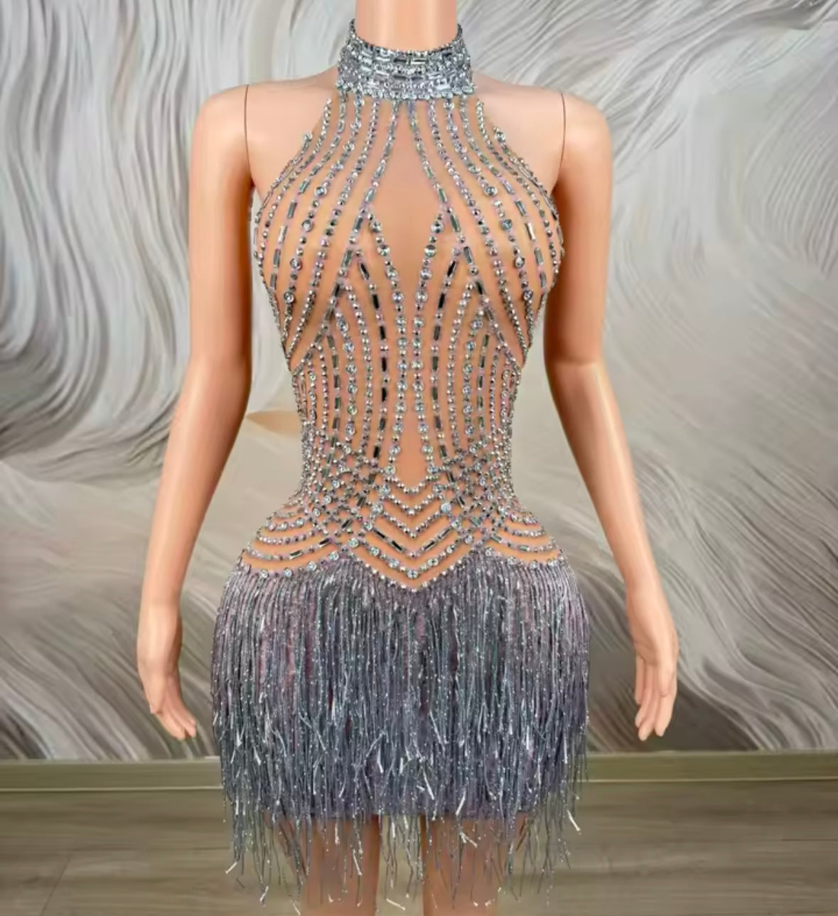 Halter Sleeveless Rhinestone Fringe Tassel Sexy Dress