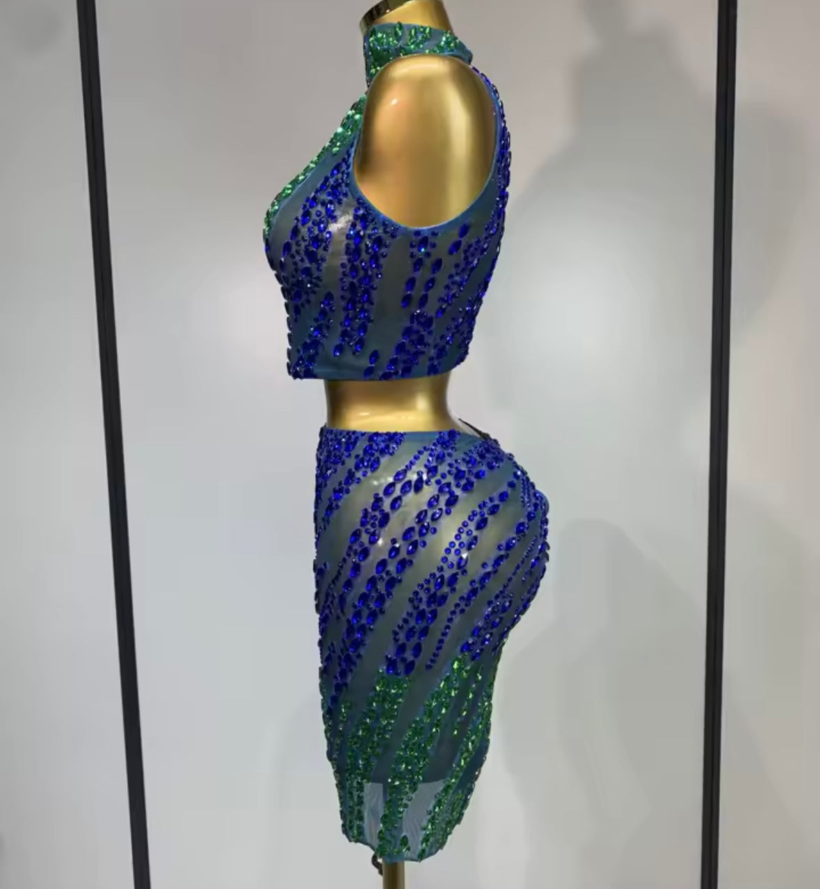 Sexy Sleeveless Gradient Rhinestone Skirt Set