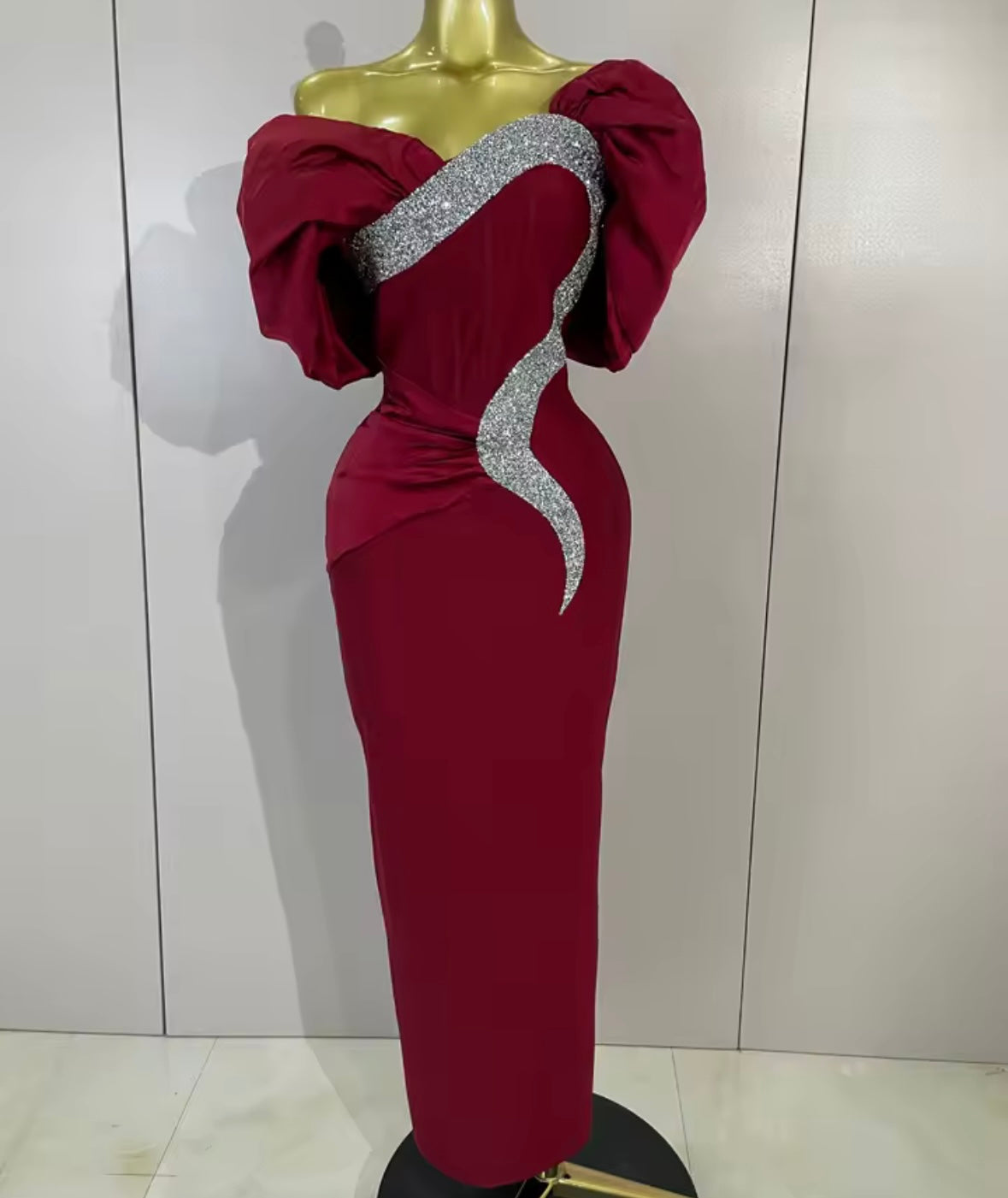 Elegant Puff Sleeve Shiny Rhinestone Maxi Dress