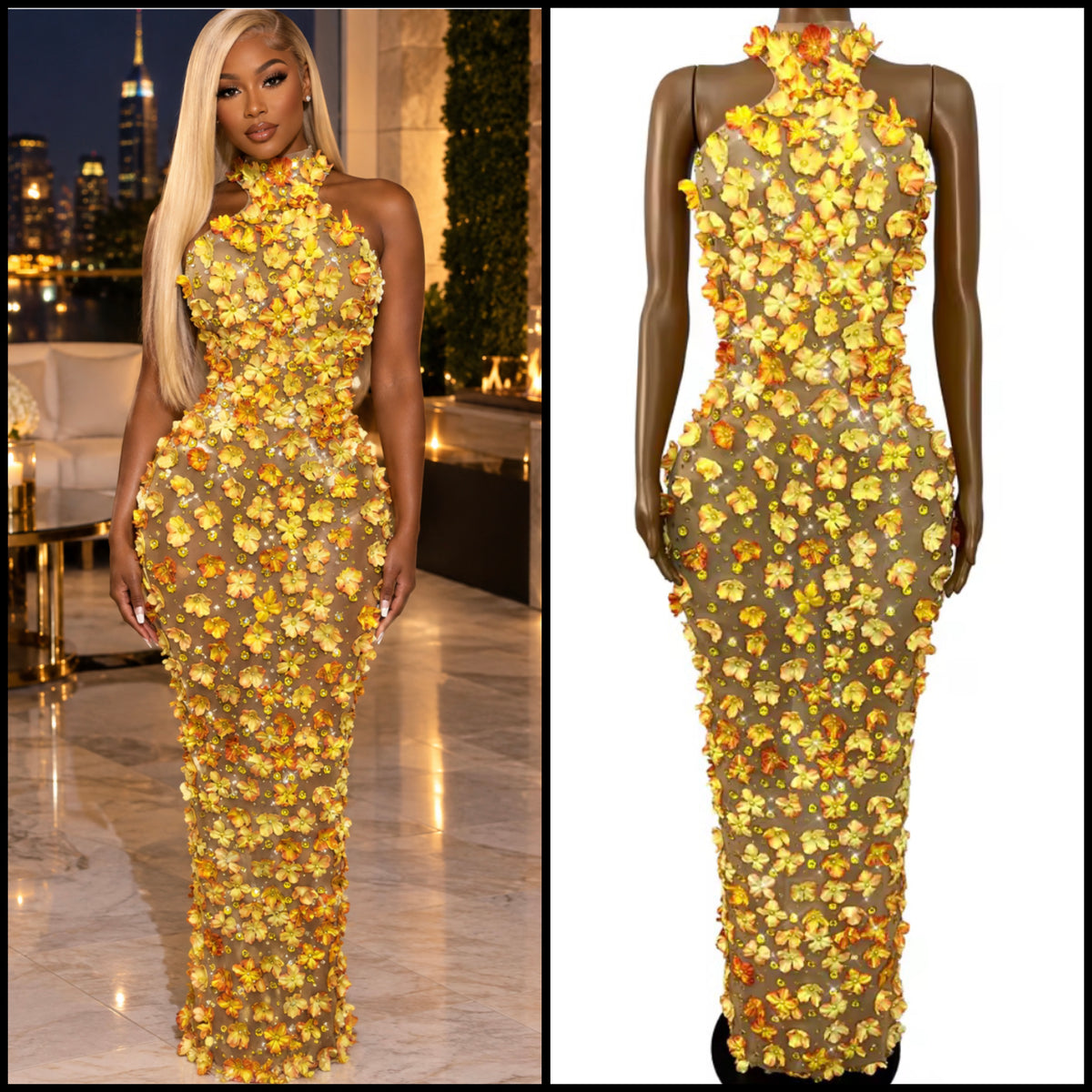 Sexy Sleeveless Floral Rhinestone Maxi Dress