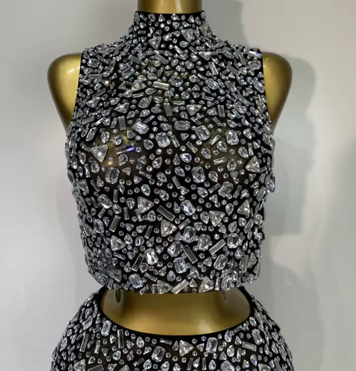 Sexy Sleeveless Chain Open Back Rhinestone Skirt Set