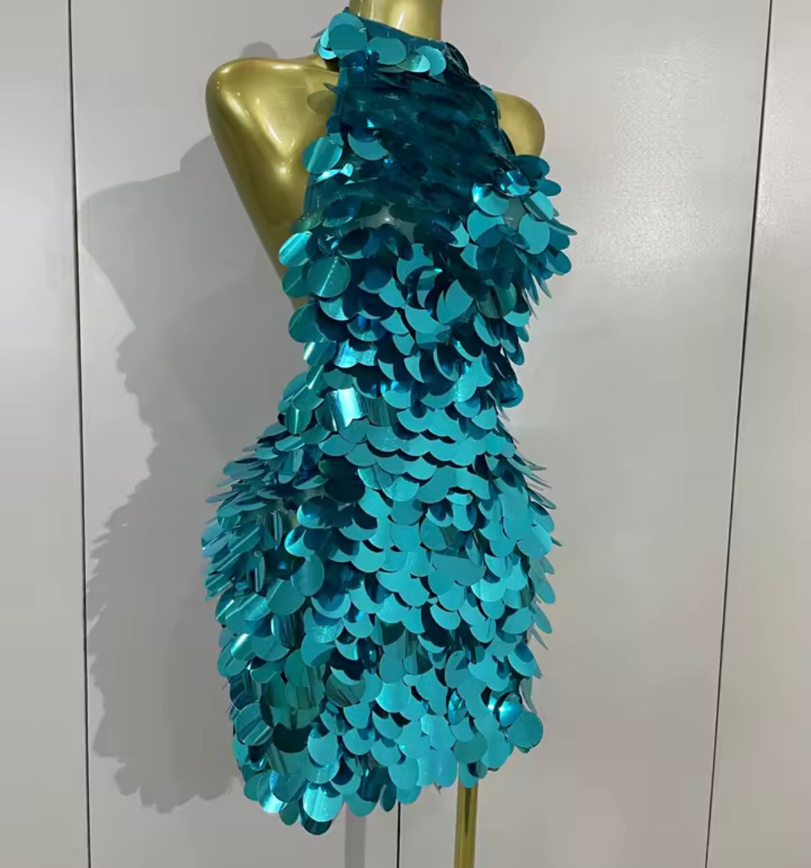 Sexy Blue Halter Sleeveless Open Back Sequins Dress