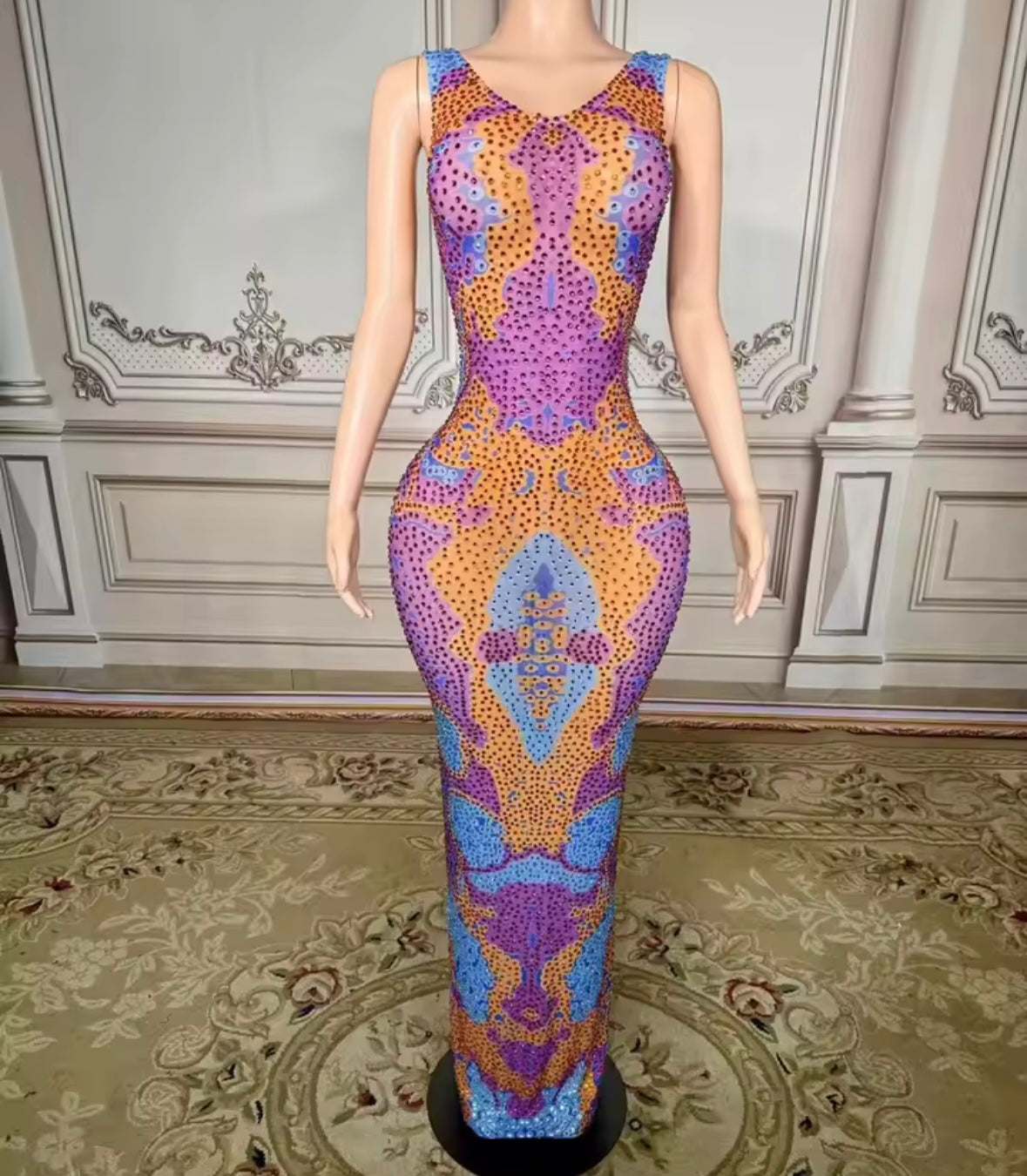 Sexy Sleeveless Multicolored Rhinestone Maxi Dress