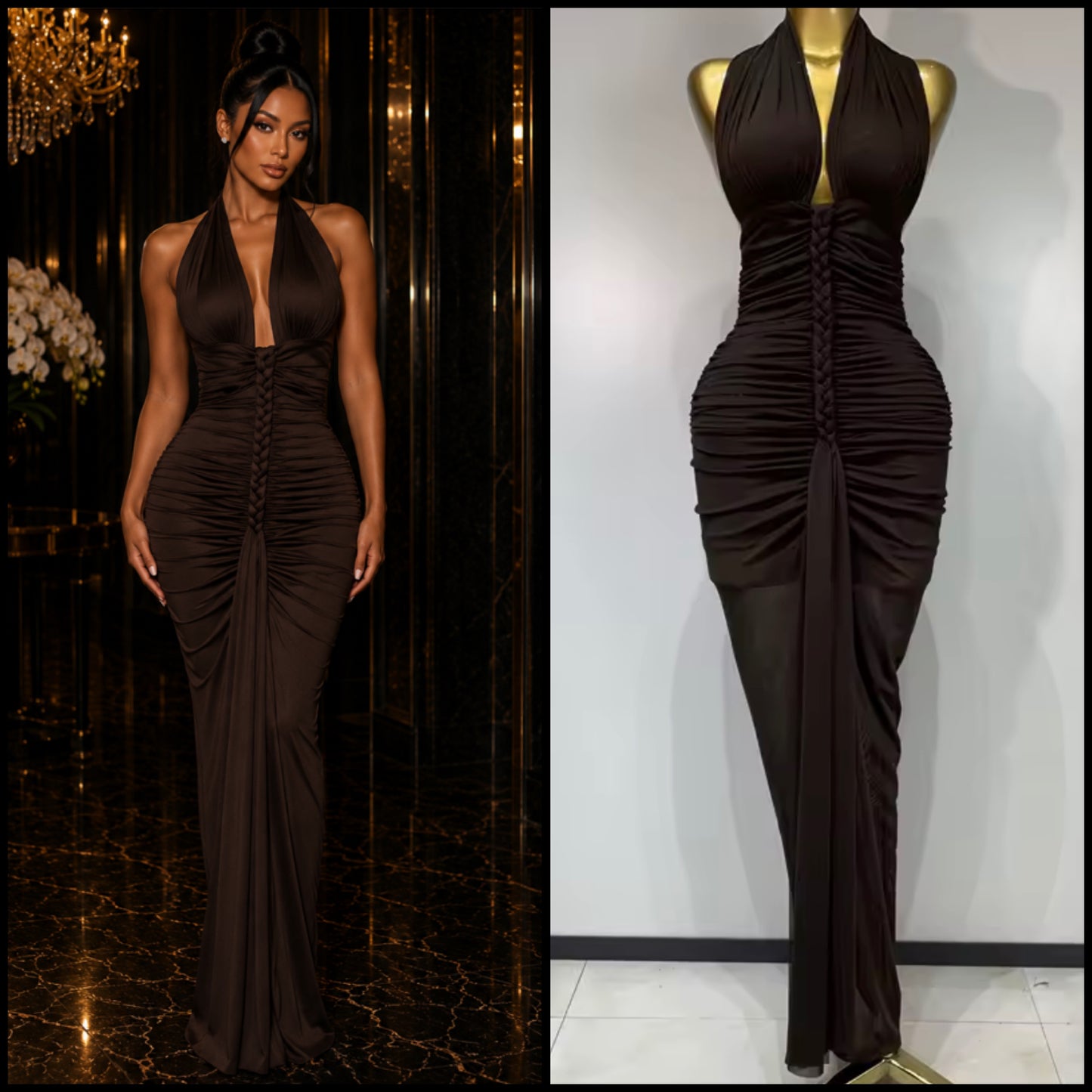 Sexy Brown Halter Sleeveless Ruched Maxi Dress